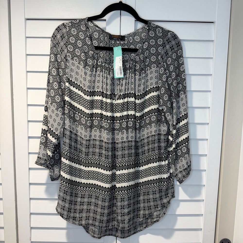 Renee C Hassan Keyhole Blouse Black White Geometric Print 3/4 Sleeve XL Boho NEW